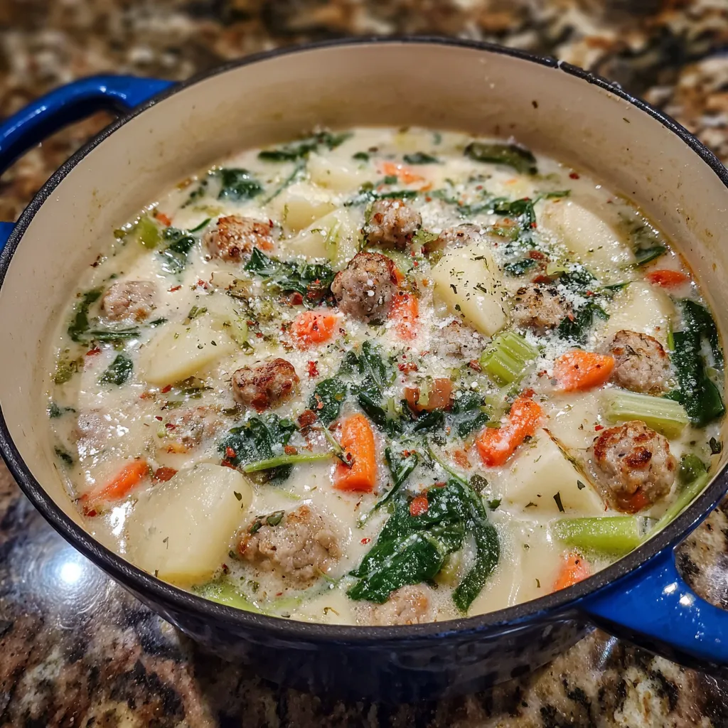 Spoonful of creamy sausage and potato soup lifted from a bowl