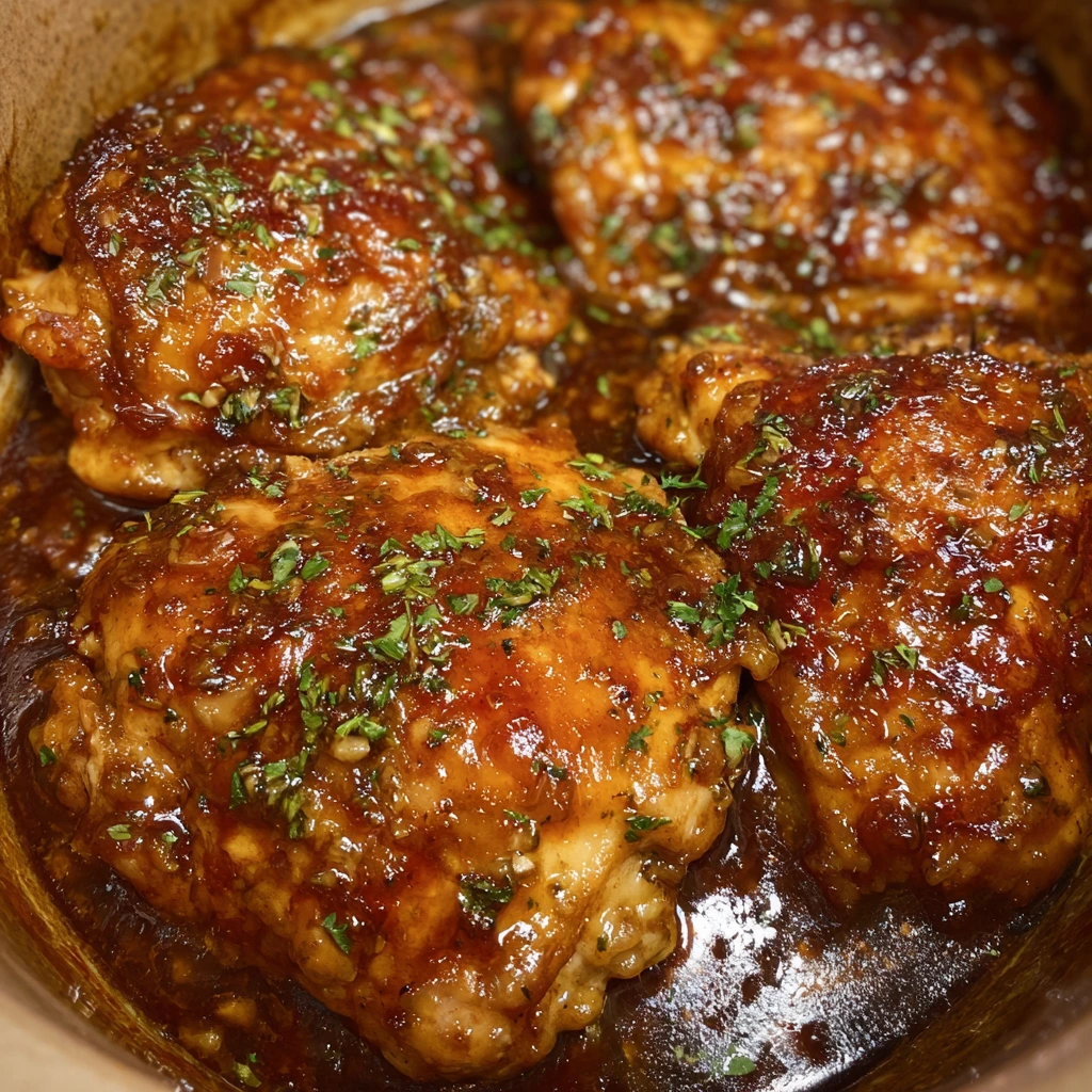Chicken in slow cooker coated with brown sugar garlic sauce.