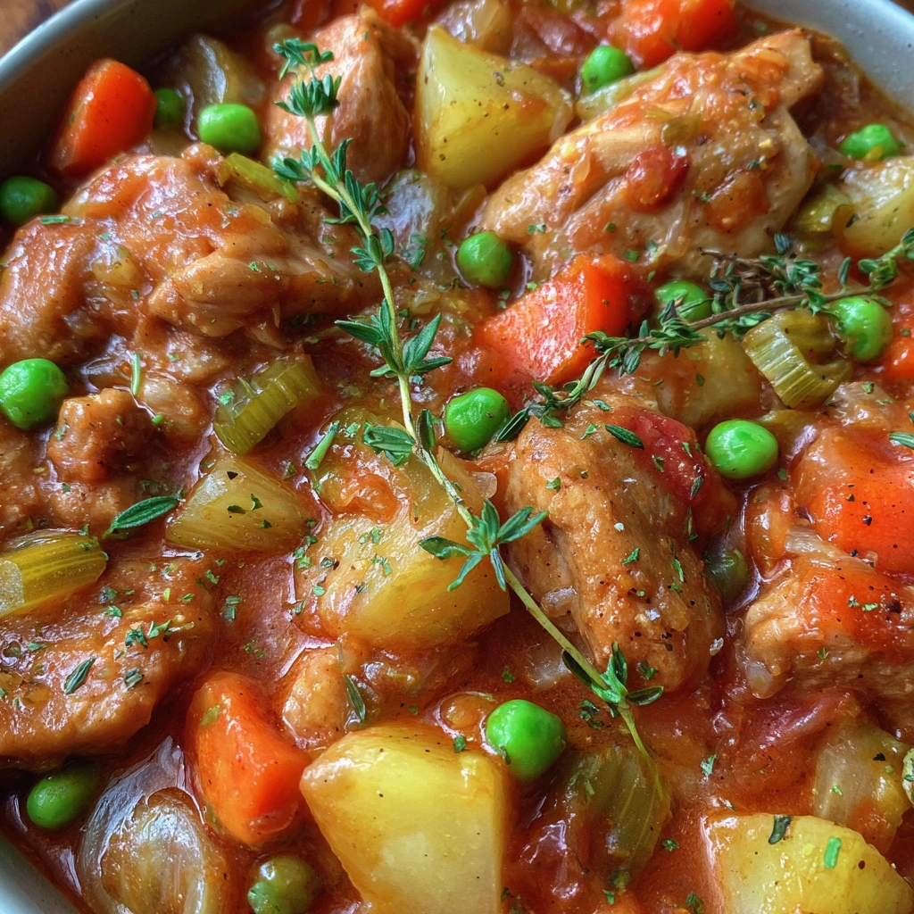 Stew simmering in a crockpot with tender veggies and chicken
