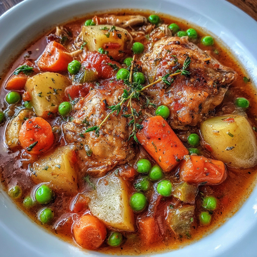 Steaming chicken stew served with a slice of bread