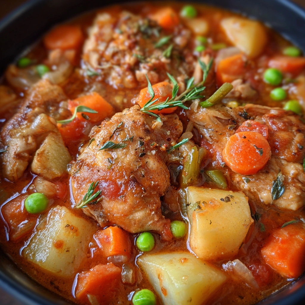 Close-up of thick stew with chunks of chicken and veggies
