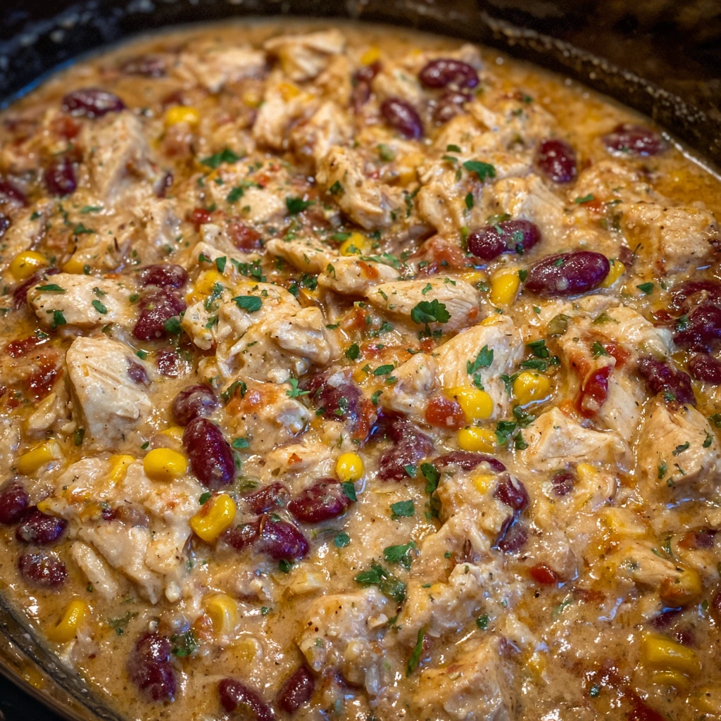 Bowl of creamy chicken chili with beans, corn, and melted cheese, topped with turkey bacon and fresh herbs.