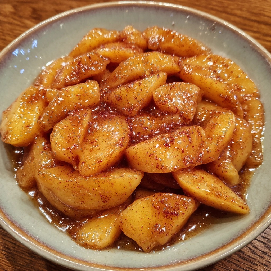 Skillet filled with golden brown Southern fried apples