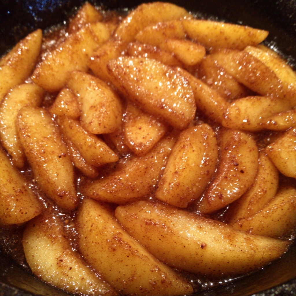 Fried apples spooned over fluffy pancakes