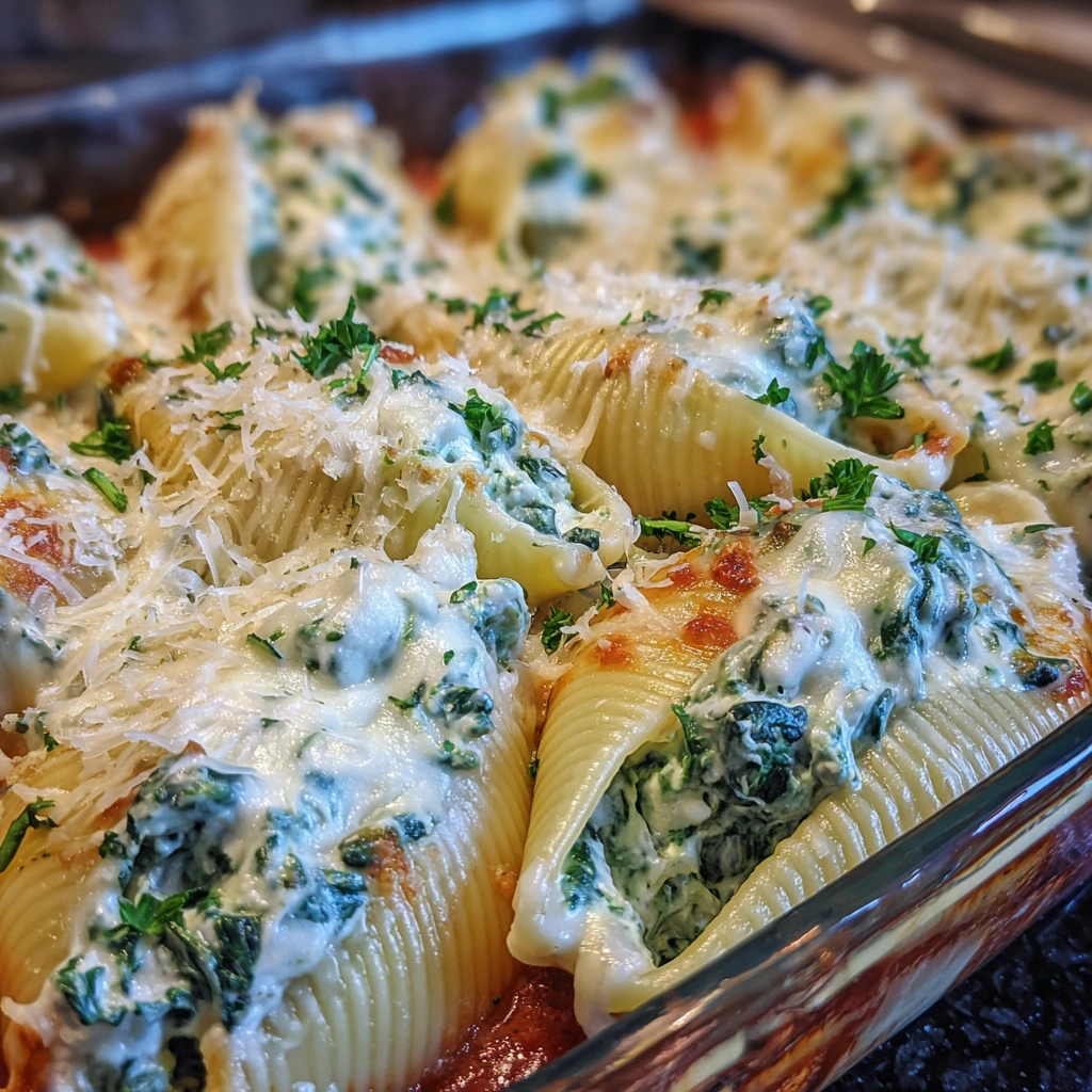 Cheesy spinach stuffed pasta shells garnished with fresh basil