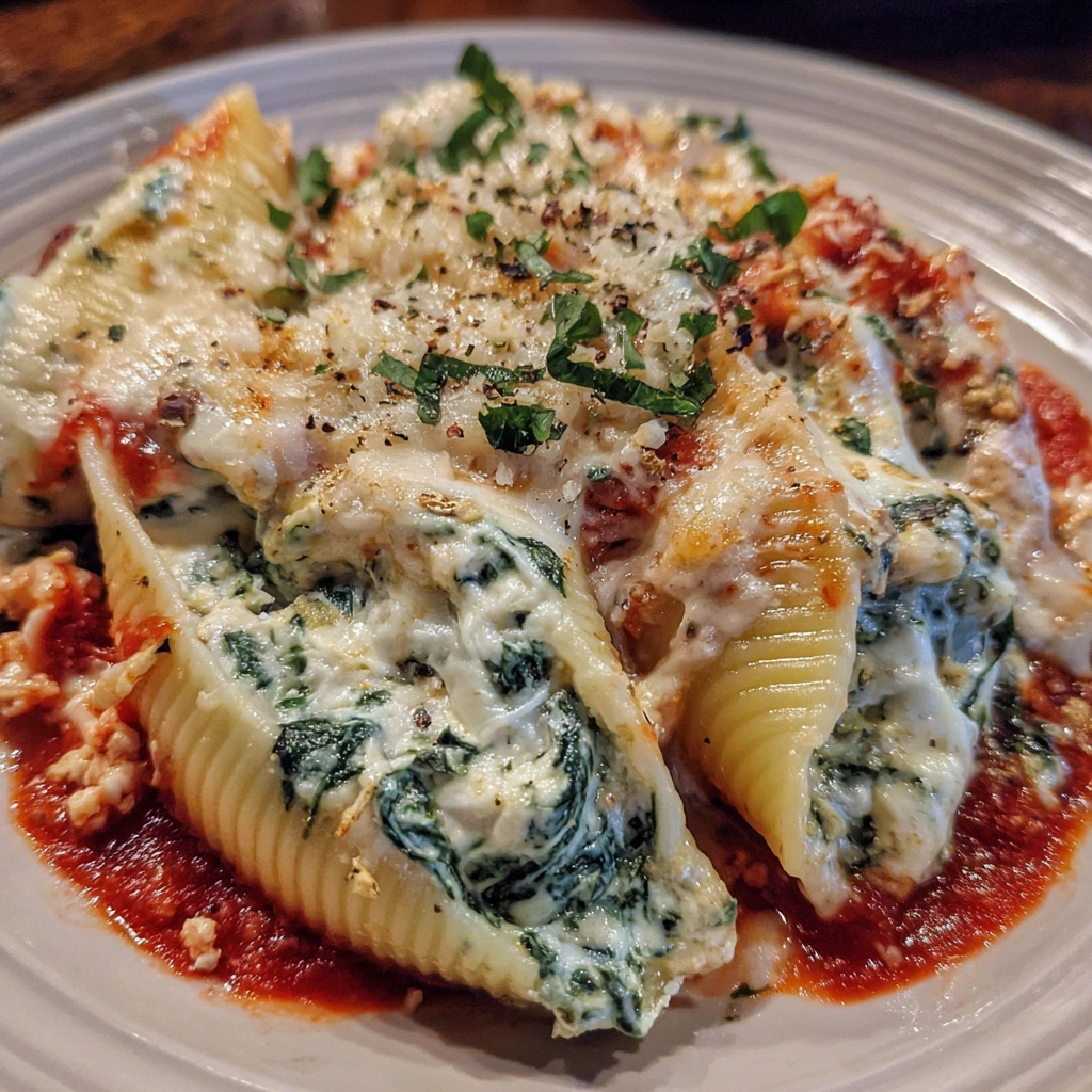 Close-up of baked ricotta and spinach shells with melty cheese