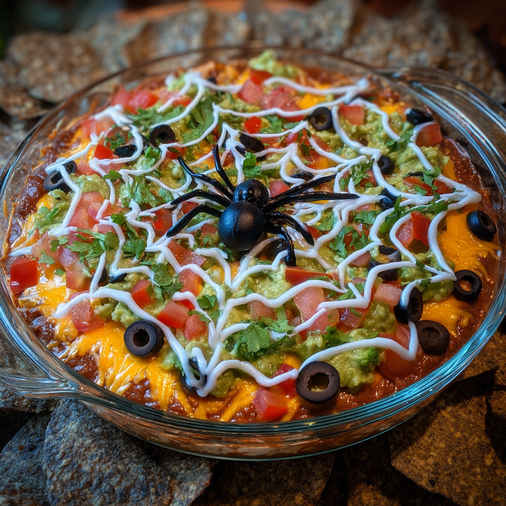 7-layer Halloween taco dip topped with a sour cream spiderweb and black olive spider, surrounded by tortilla chips.