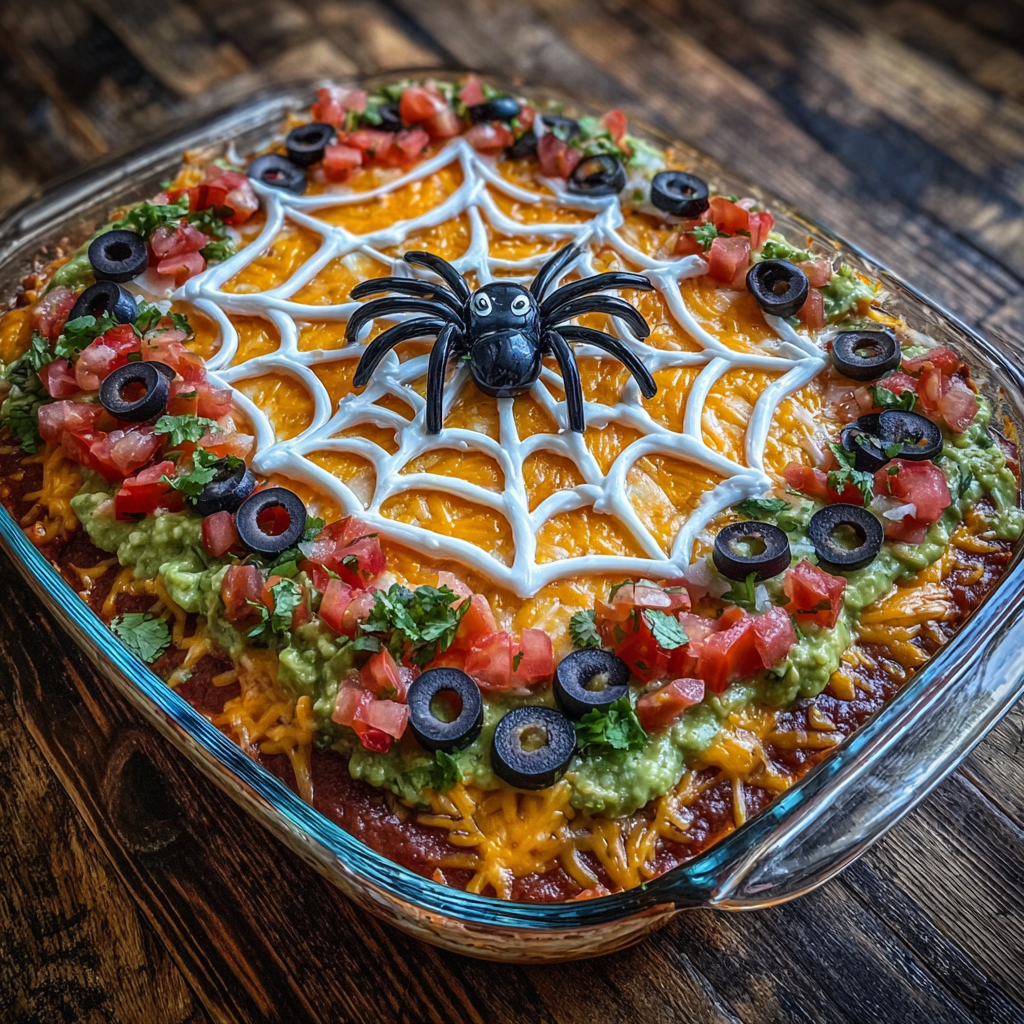 7-layer Halloween taco dip topped with a sour cream spiderweb and black olive spider, surrounded by tortilla chips.