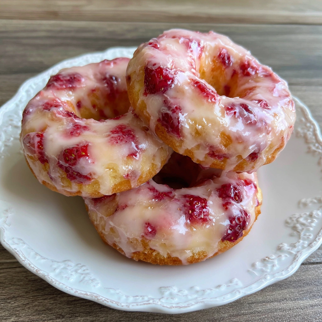 Donut pan with freshly baked strawberry donuts cooling