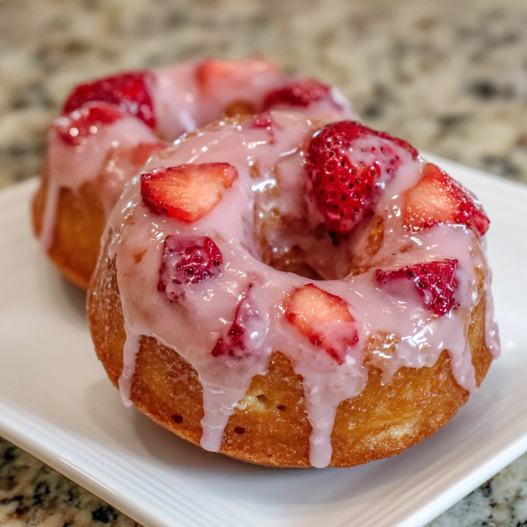 Stack of strawberry donuts with glaze dripping down