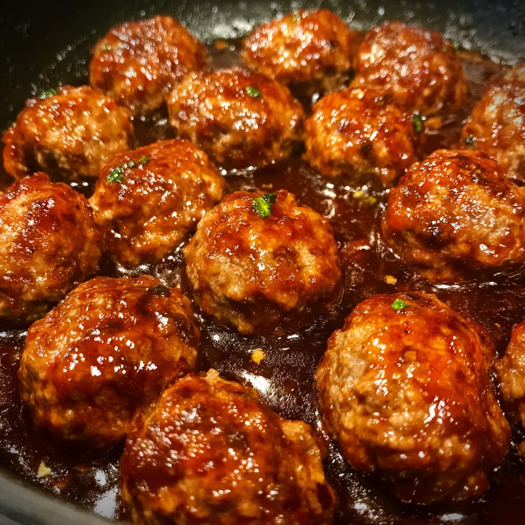 Meatballs coated in glossy chili glaze served with rice.