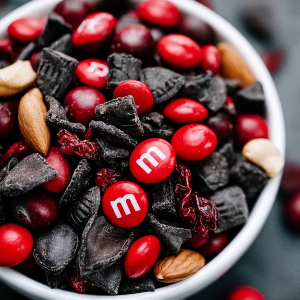 Close-up of trail mix with red dried fruit and dark chocolate pieces.