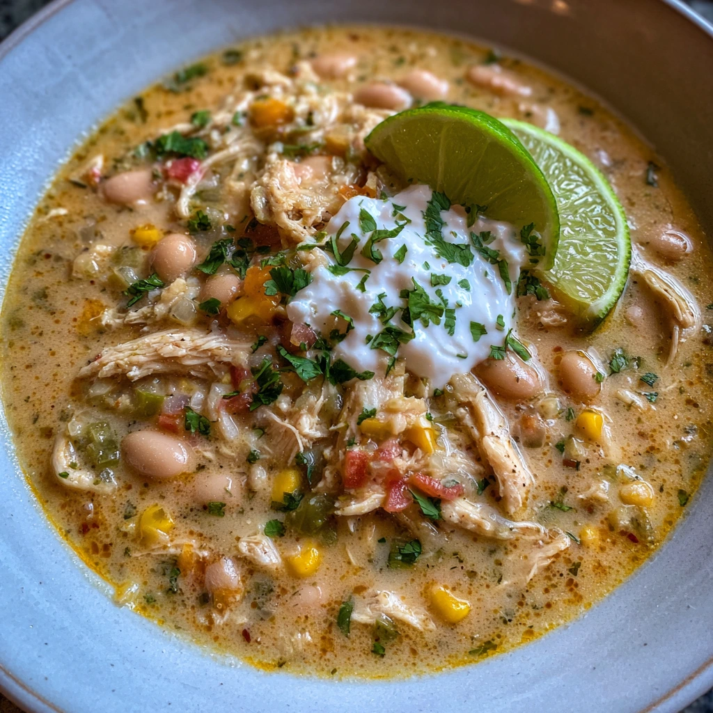 Bowl of creamy white chicken chili topped with cilantro and lime wedges.
