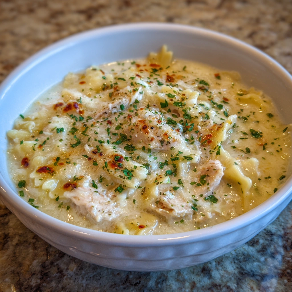 Close-up of soup with melted cheese strings and noodles
