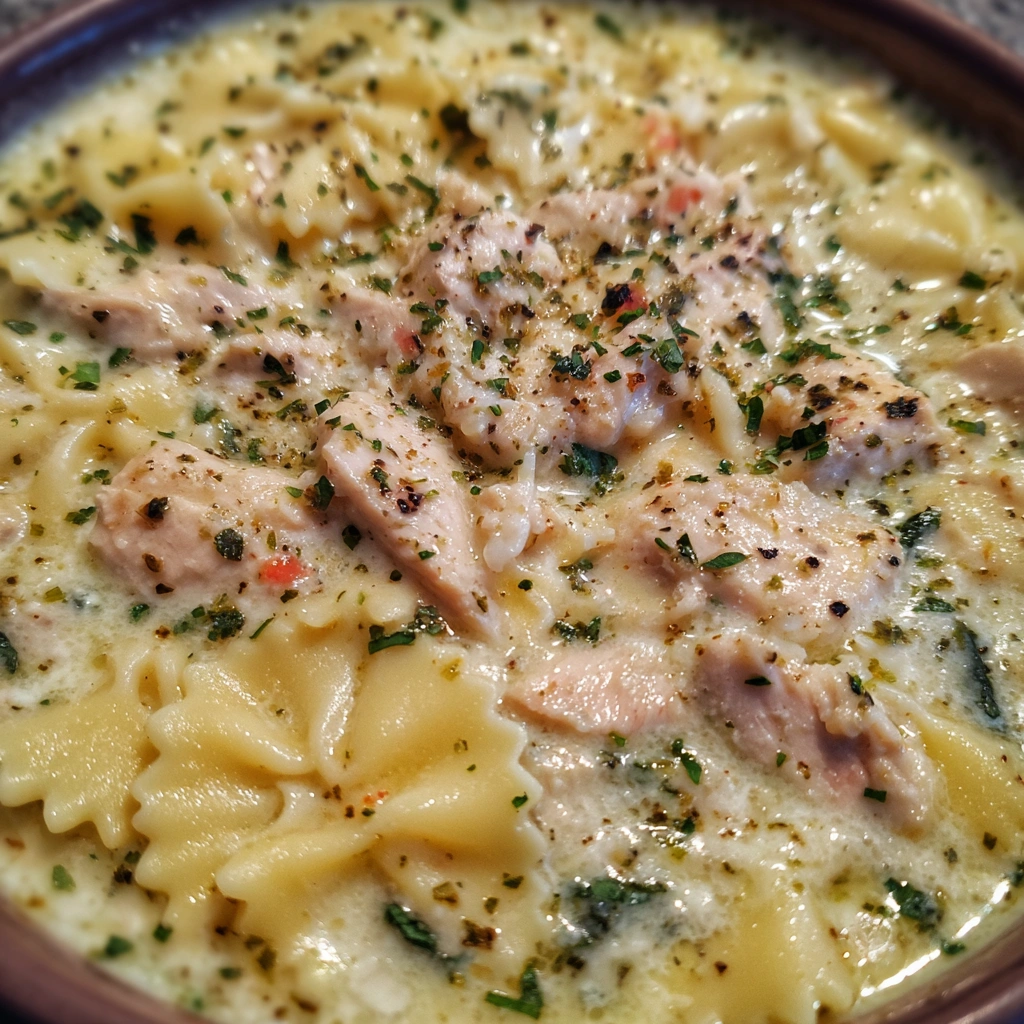 Pot of soup with ladle scooping out cheesy pasta