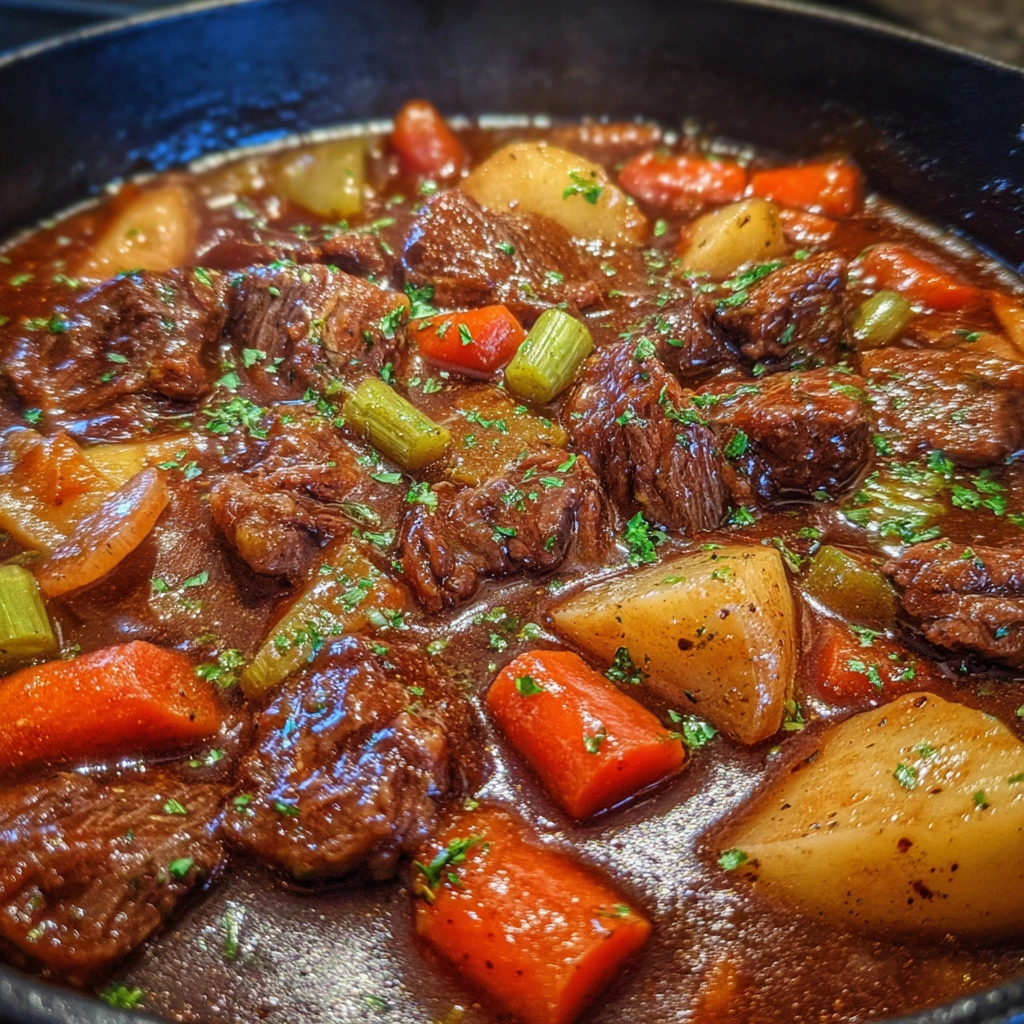 Ladle lifting stew with beef and veggies from a dark pot
