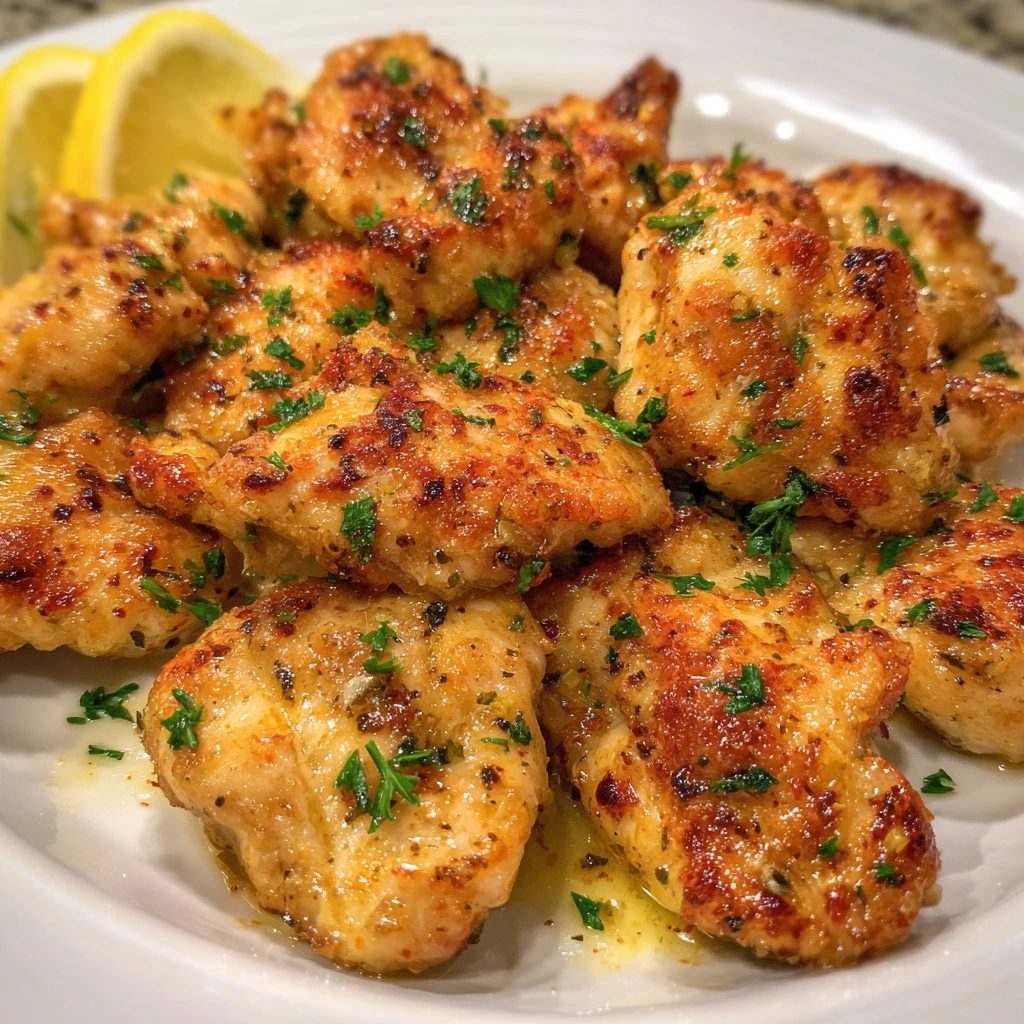 Air fryer basket filled with golden lemon chicken bites and fresh parsley.