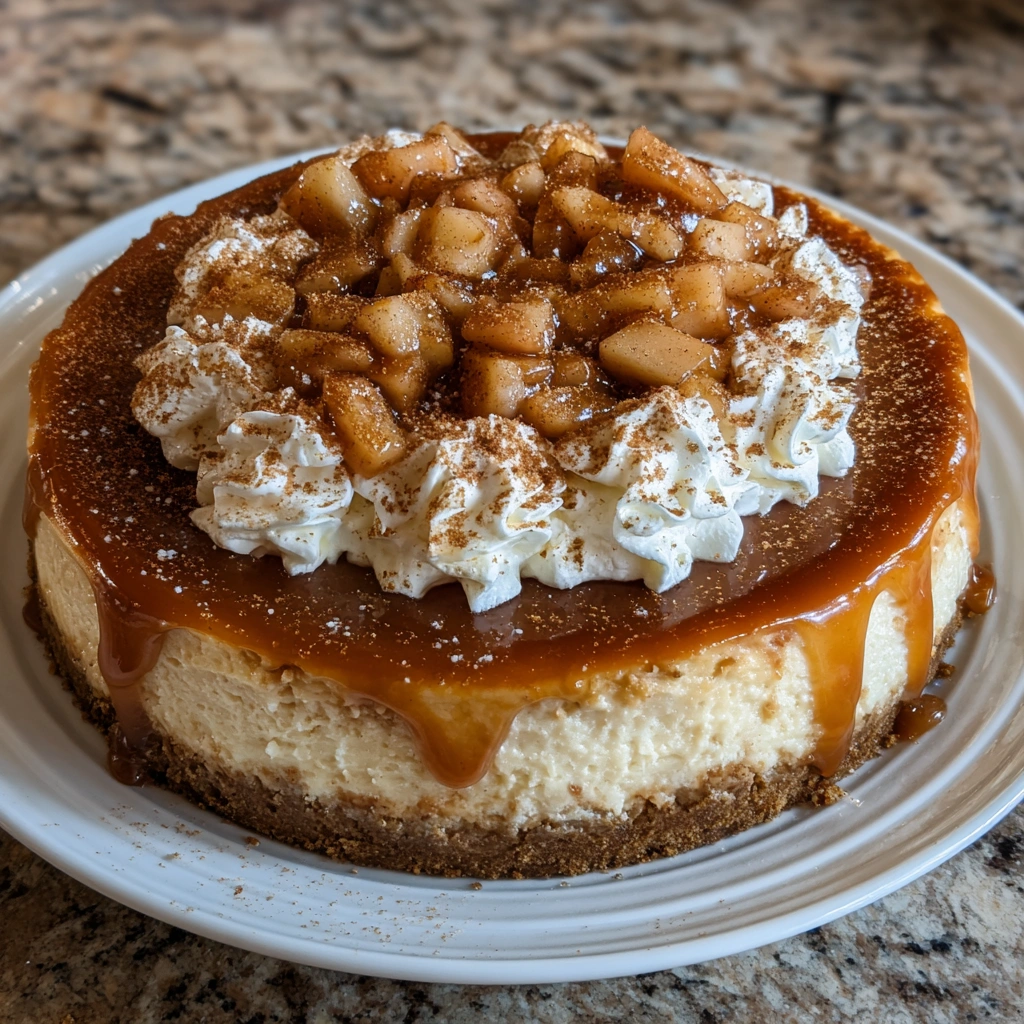Slice of creamy apple cider cheesecake with spiced crust