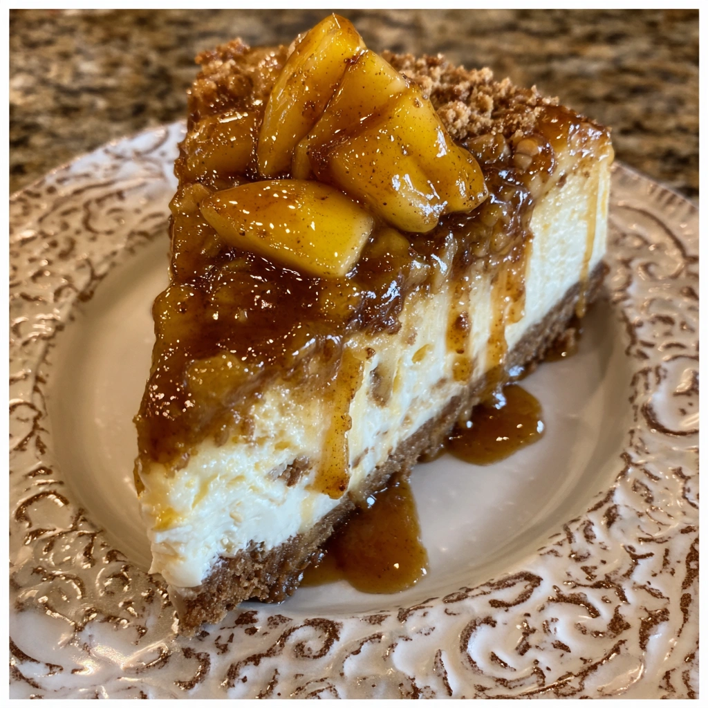 Whole apple cheesecake topped with cinnamon and whipped cream