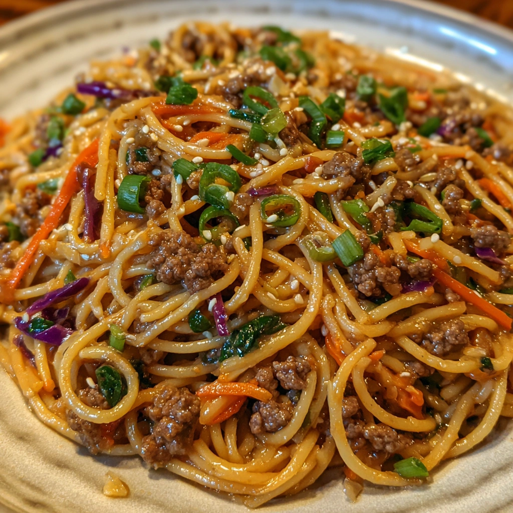 Overhead shot of beef spaghetti with chopsticks resting on bowl