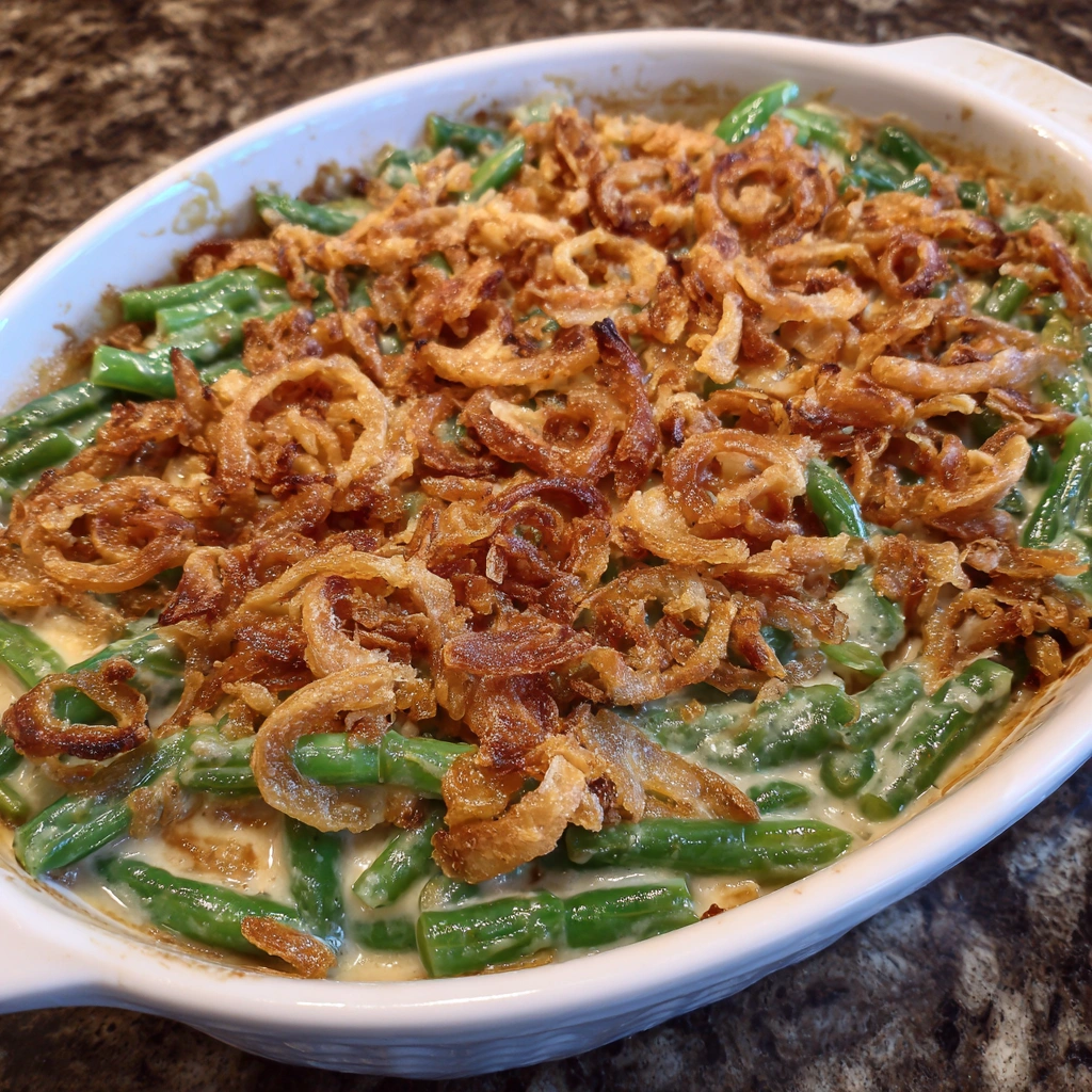 Scoop of creamy green bean casserole with onion crunch