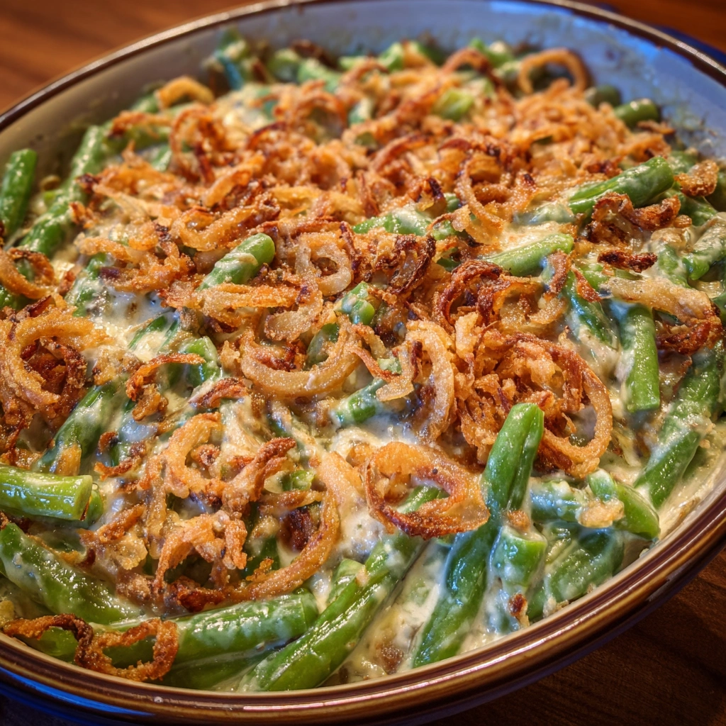 Casserole dish filled with green beans, soup, and fried onions