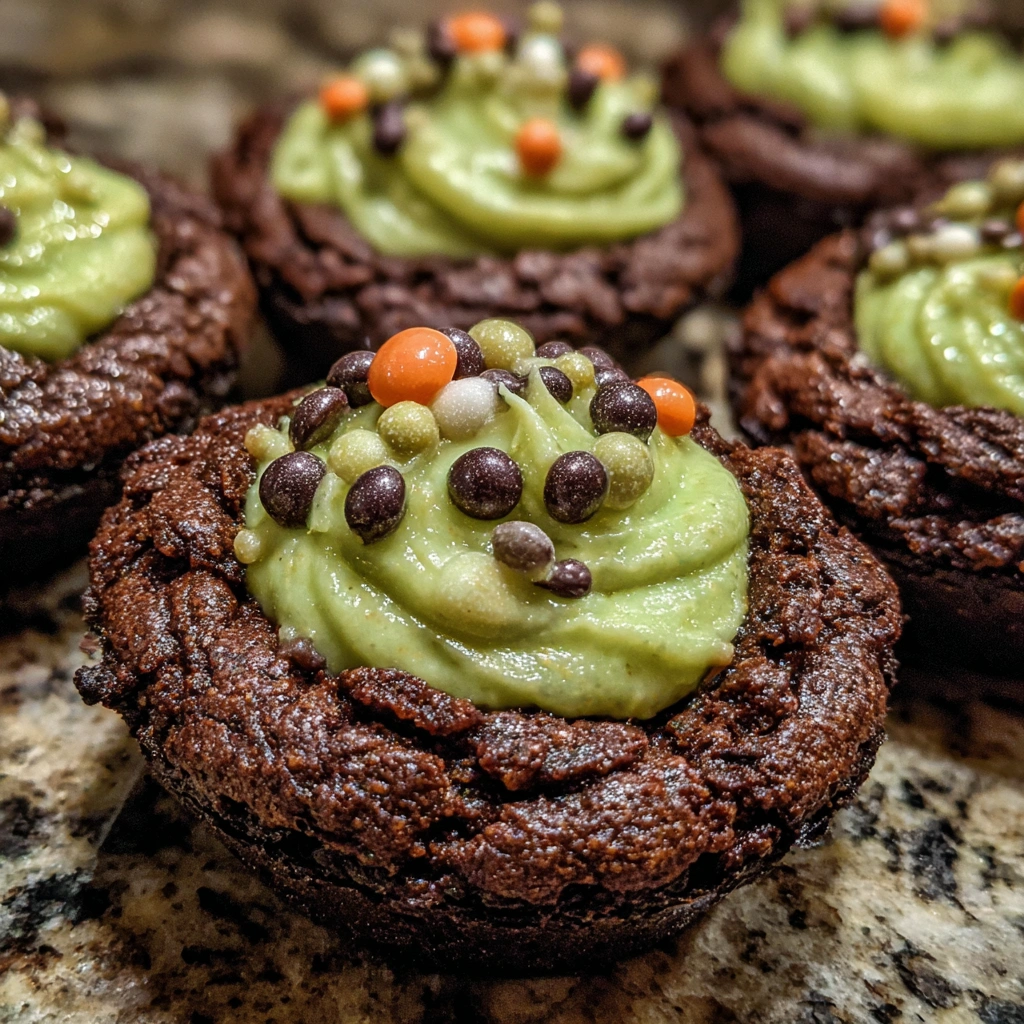 Tray of chocolate cookie cauldrons topped with green swirls