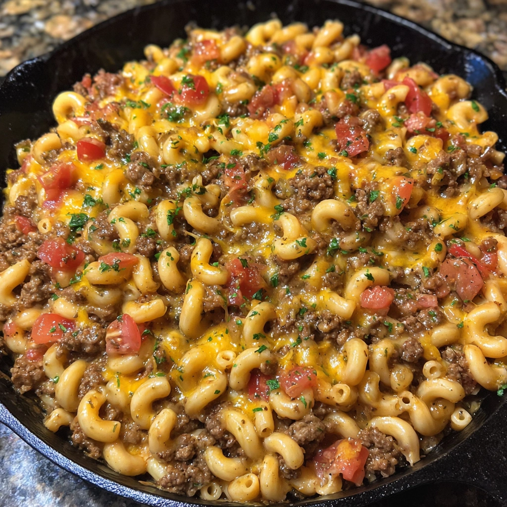 Spoon lifting a scoop of cheesy beef pasta from a pot