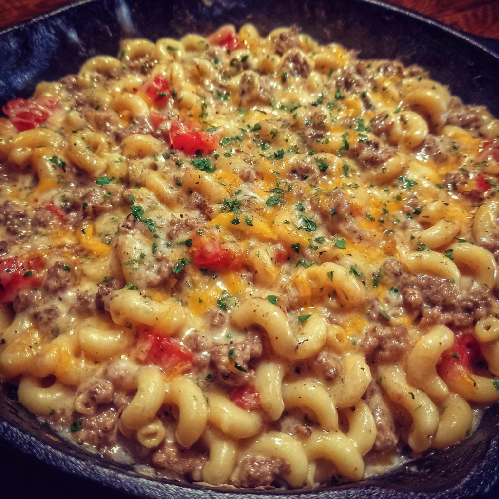Overhead view of skillet with golden cheesy pasta and beef