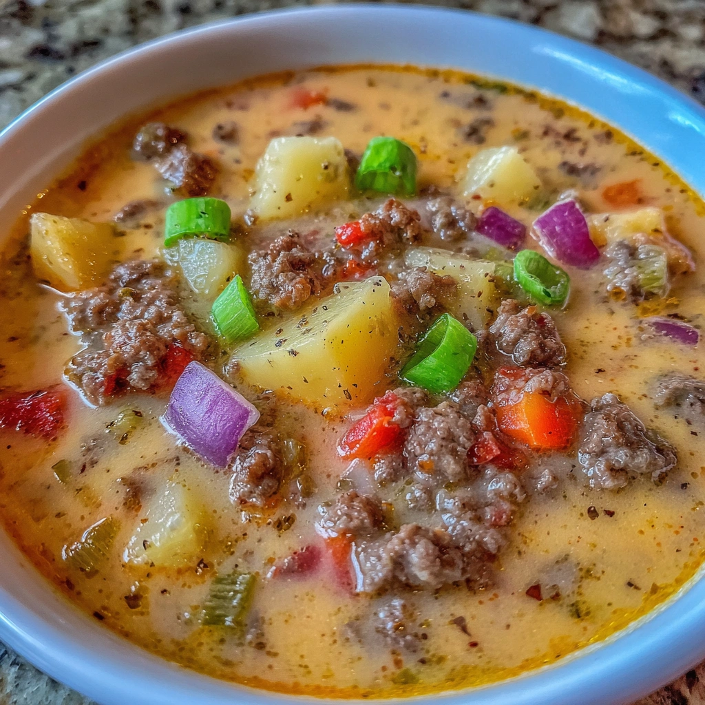 A bowl of golden cheeseburger soup with fresh parsley on top