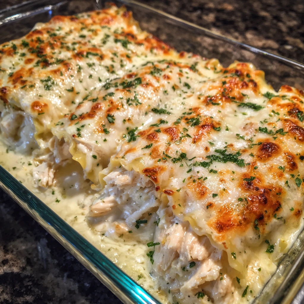 Baking dish filled with golden Alfredo lasagna rolls
