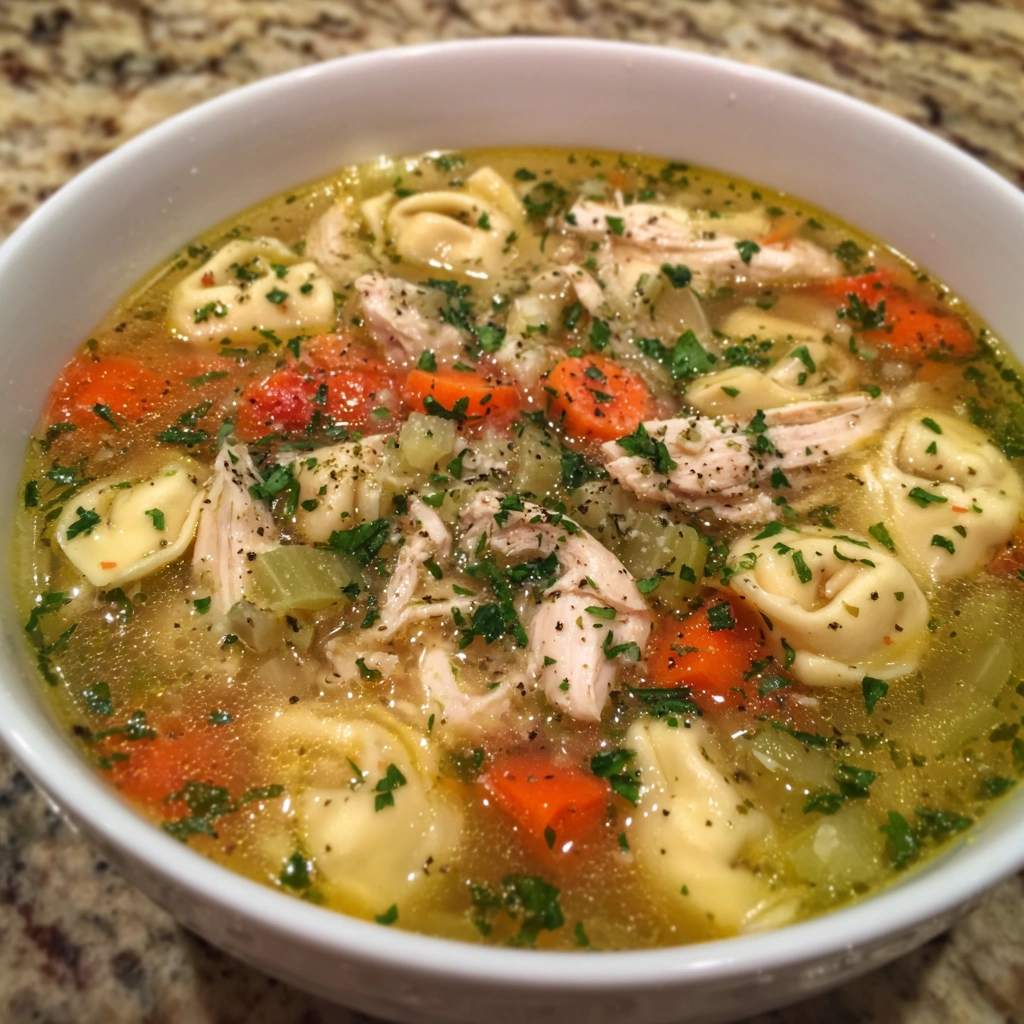 Close-up of cheese tortellini in chicken broth