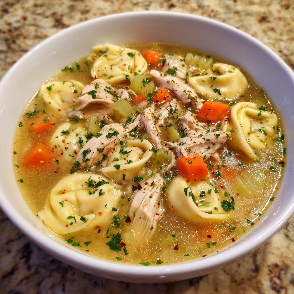 Pot of chicken tortellini soup with ladle