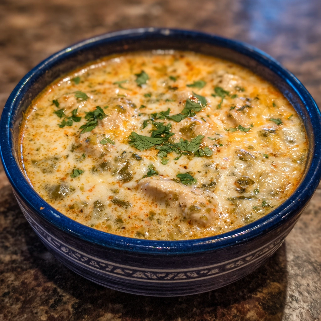 Creamy soup with cheddar, poblano peppers, and cilantro garnish.