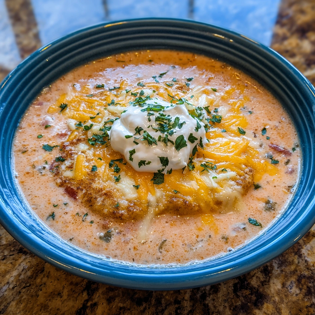 Spoonful of cheesy chicken and poblano soup lifted from a bowl.