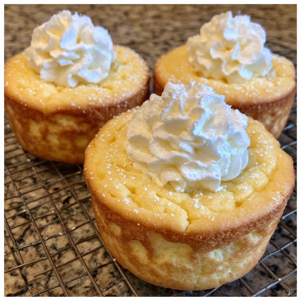 Cheesecake cupcakes in paper liners dusted with powdered sugar