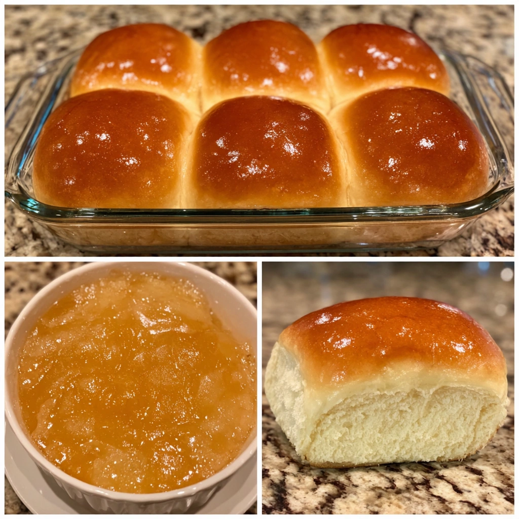 Basket of golden-brown Texas Roadhouse copycat rolls with honey butter.