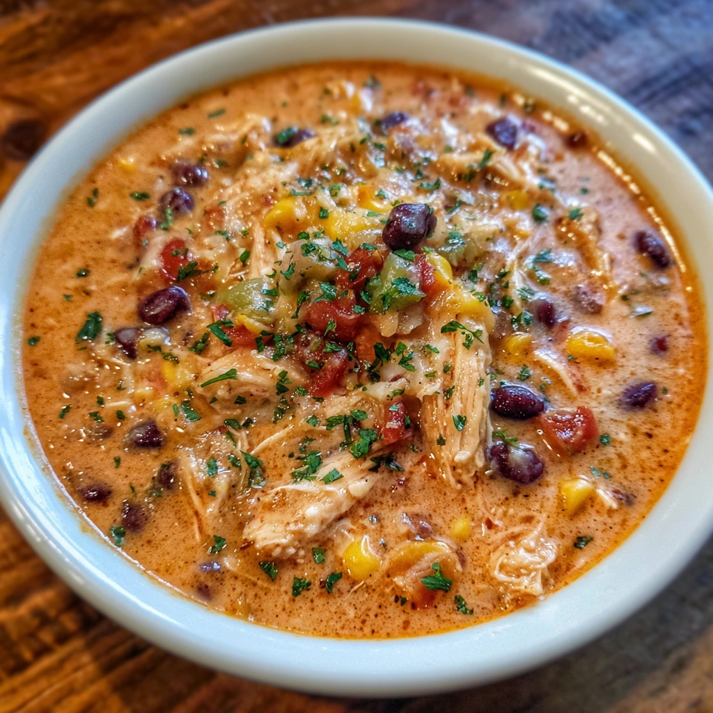 Close-up of spoonful of thick enchilada soup with beans and corn