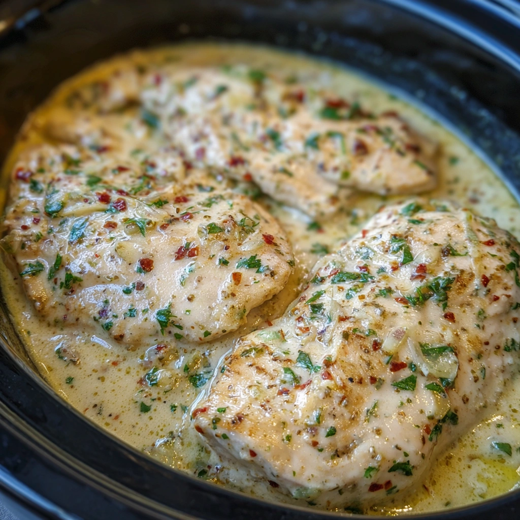 Creamy ranch chicken in a slow cooker with herbs on top