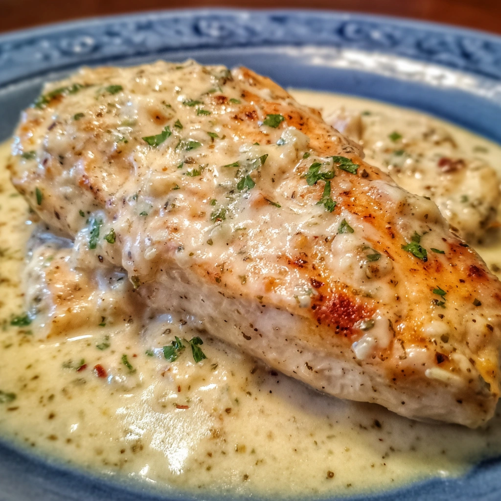 Close-up of creamy ranch chicken on a dinner plate with parsley garnish