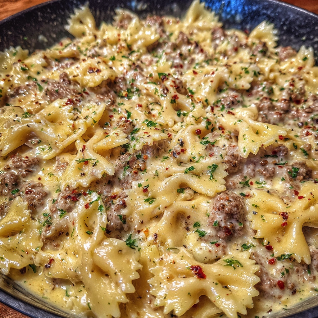 Hearty bowtie pasta dish coated in cheesy garlic sauce with savory beef.
