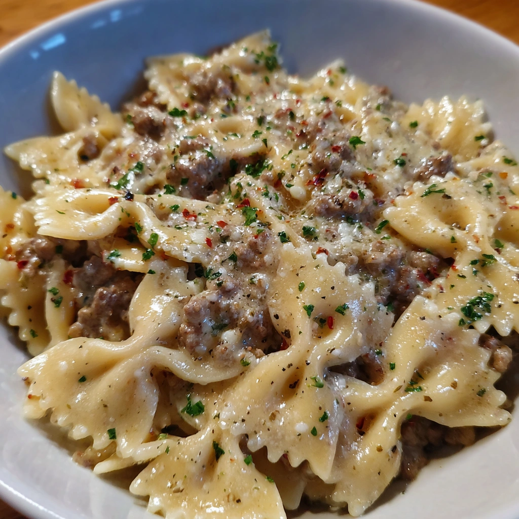 Creamy Parmesan Garlic Beef Bowtie Pasta