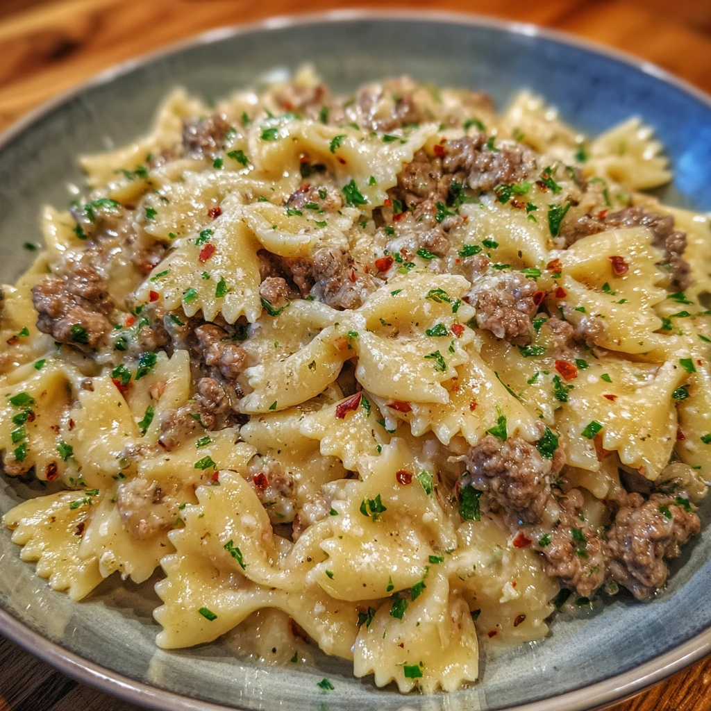 Family-style skillet of creamy Parmesan garlic pasta with beef and herbs.