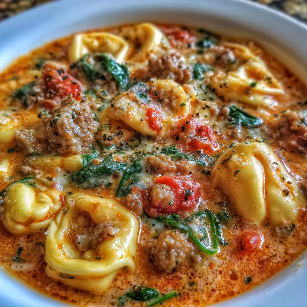 Cheesy tortellini in creamy tomato broth with sausage