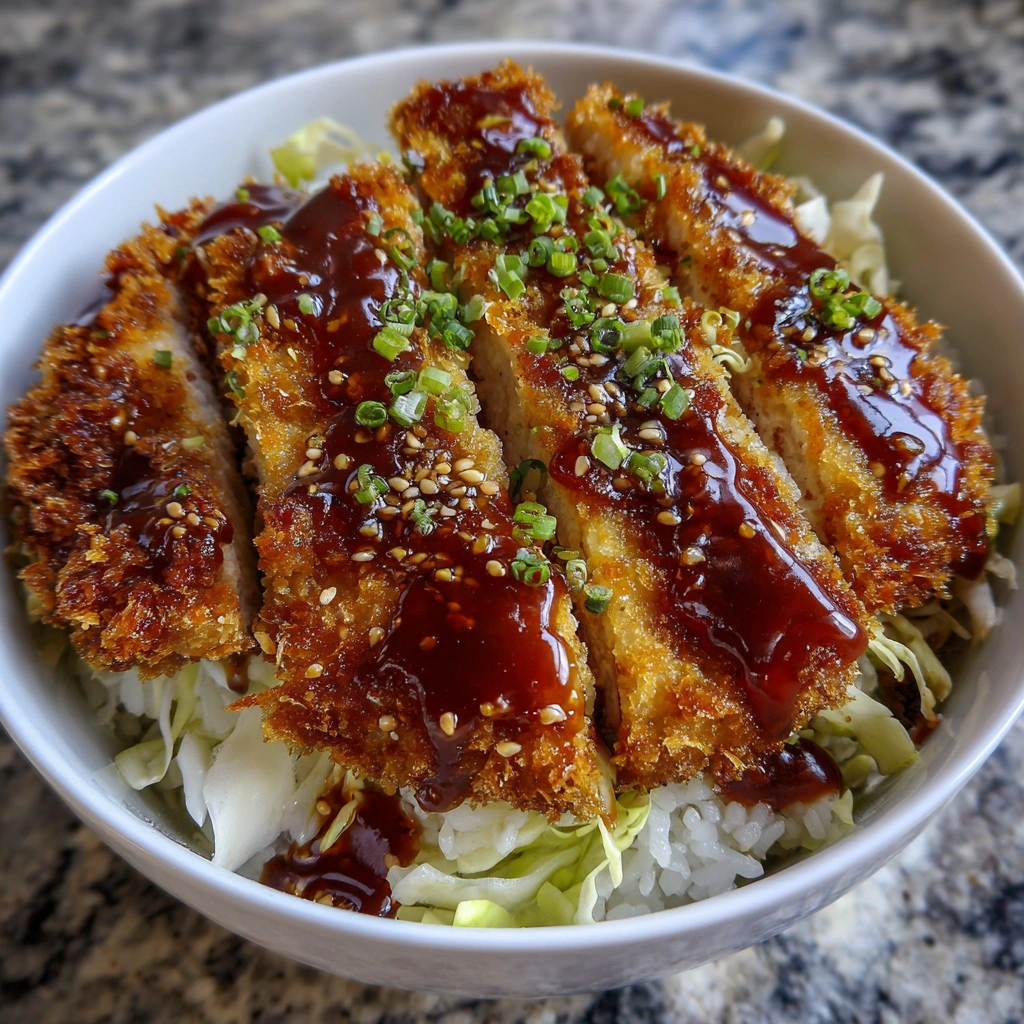 Crispy katsu slices over rice with cabbage and tonkatsu sauce