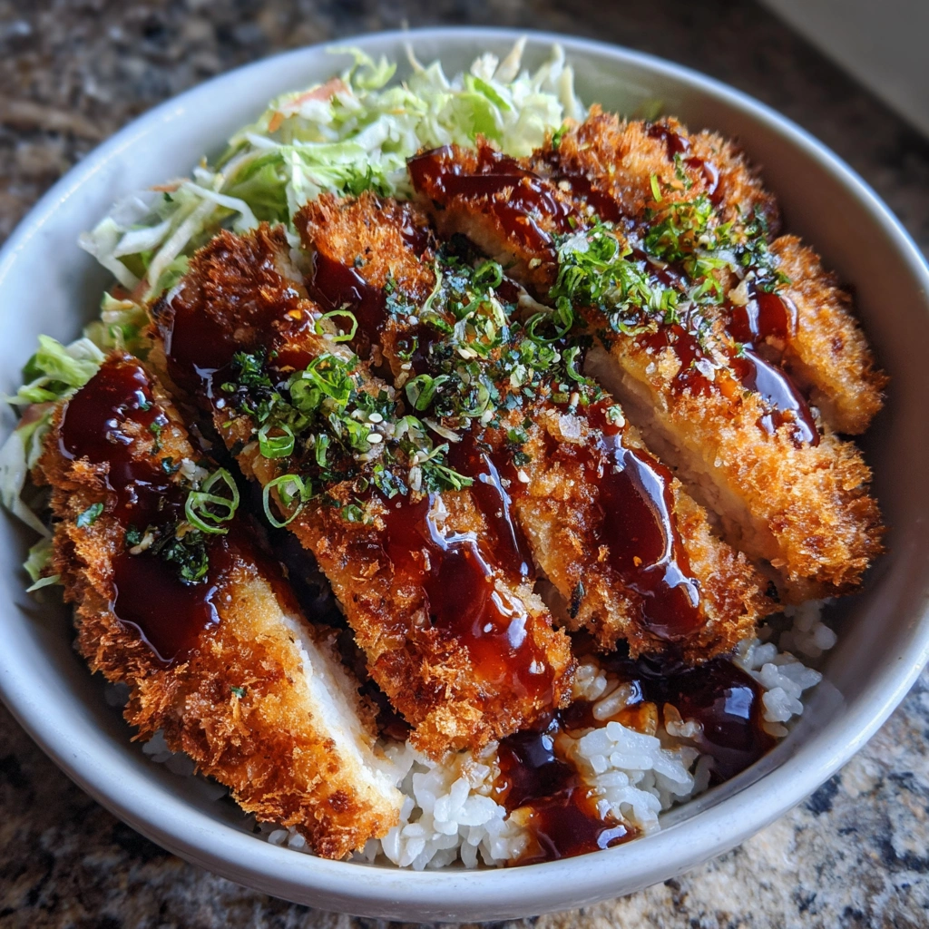 Sliced katsu served on rice with a drizzle of tonkatsu sauce