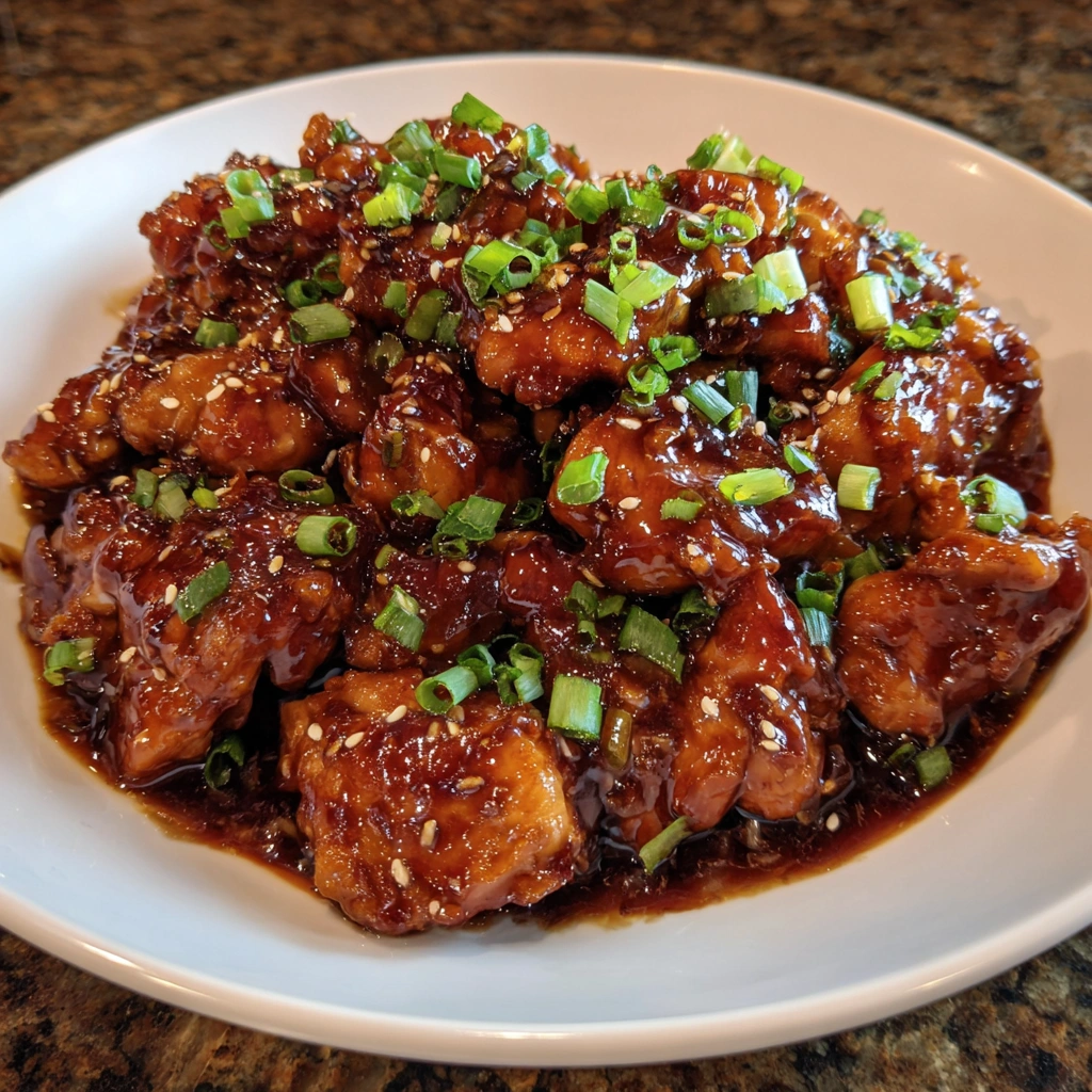 Glazed chicken topped with scallions and sesame over rice