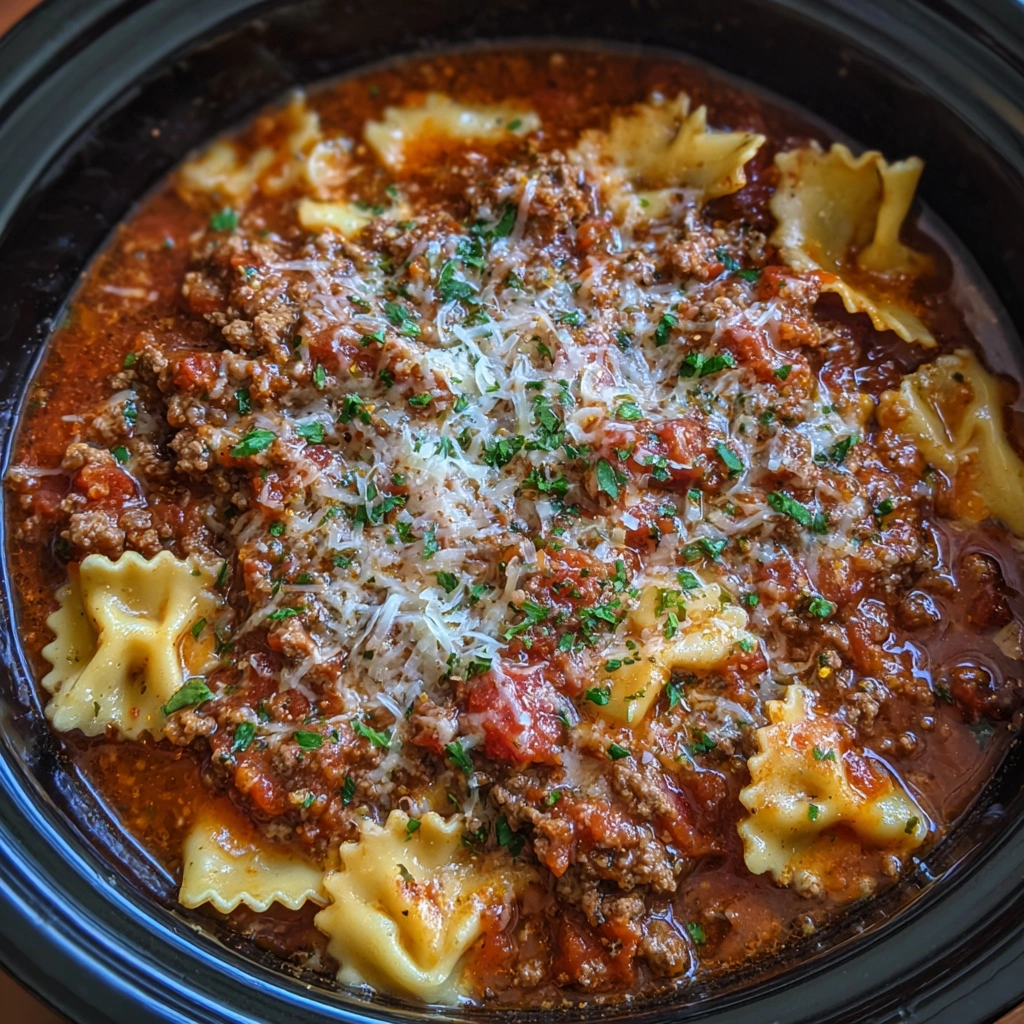 Spoonful of lasagna soup with visible noodles, beef, and cheese