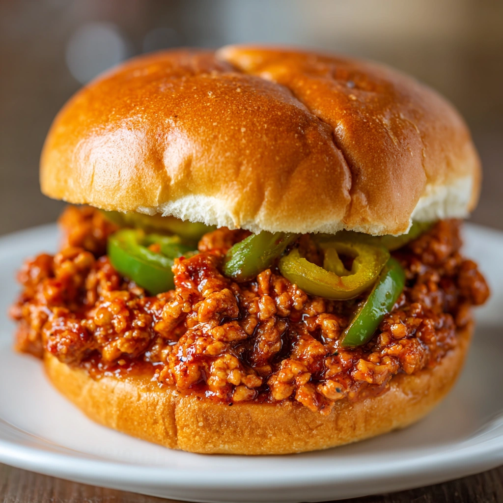Overhead view of chicken sloppy joes with fries and pickles