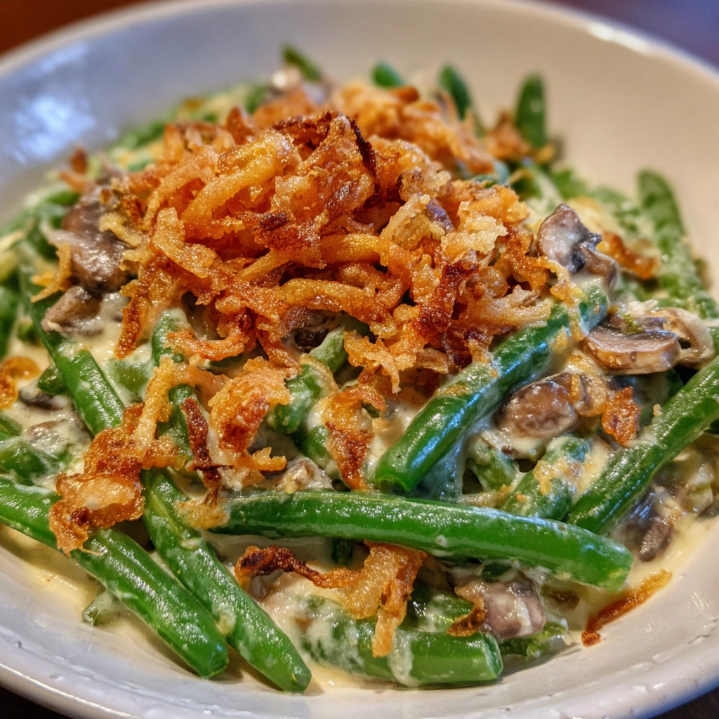 Bubbly green bean casserole with fresh ingredients and cheesy layers